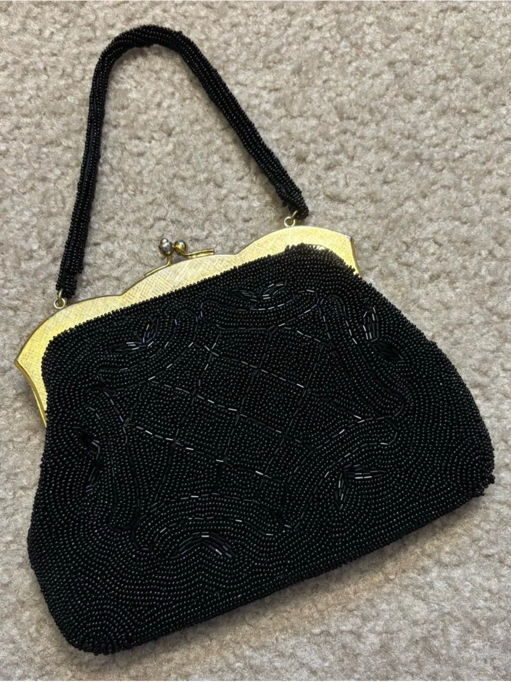 Vintage Black Beaded Evening Clutch with Gold Frame and Beaded Strap